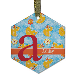 Rubber Duckies & Flowers Flat Glass Ornament - Hexagon w/ Name and Initial