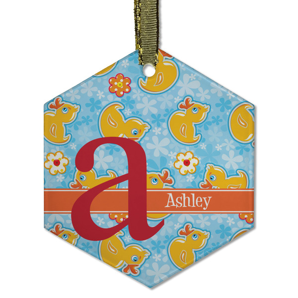Custom Rubber Duckies & Flowers Flat Glass Ornament - Hexagon w/ Name and Initial