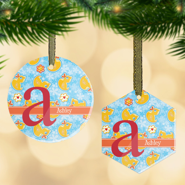 Custom Rubber Duckies & Flowers Flat Glass Ornament w/ Name and Initial