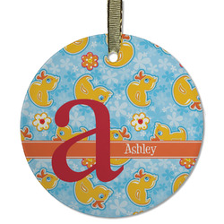 Rubber Duckies & Flowers Flat Glass Ornament - Round w/ Name and Initial