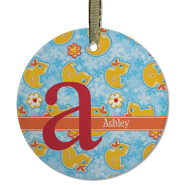 Custom Rubber Duckies & Flowers Flat Glass Ornament - Round w/ Name and Initial