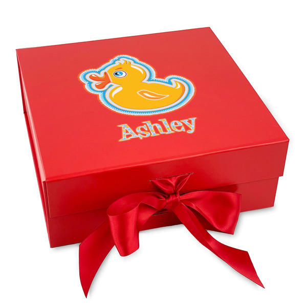 Custom Rubber Duckies & Flowers Gift Box with Magnetic Lid - Red (Personalized)