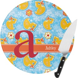 Rubber Duckies & Flowers Round Glass Cutting Board (Personalized)