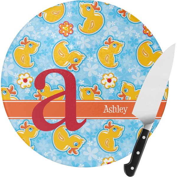 Custom Rubber Duckies & Flowers Round Glass Cutting Board - Medium (Personalized)