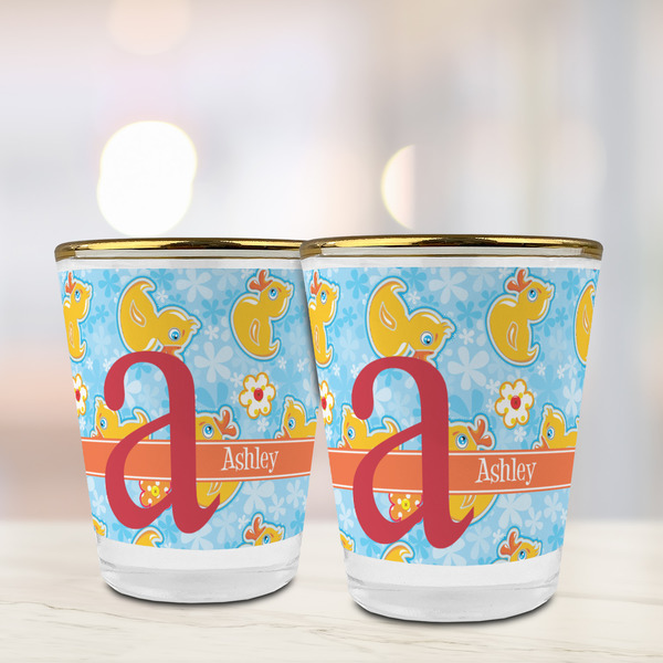 Rubber Duckies & Flowers Glass Shot Glass - with gold rim - LIFESTYLE