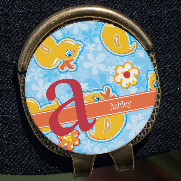 Rubber Duckies & Flowers Golf Ball Marker Hat Clip - Gold - Close Up