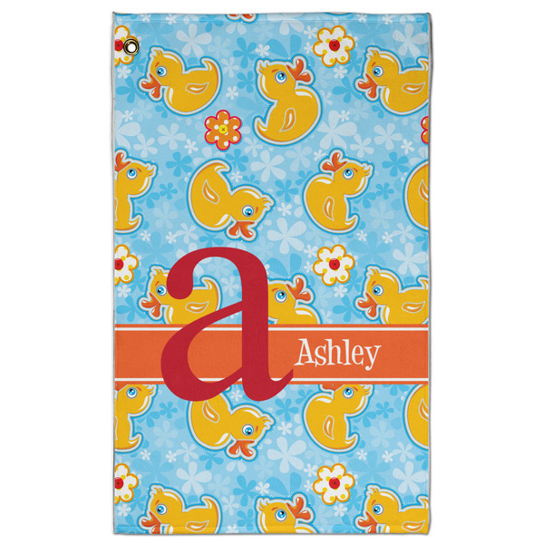 Custom Rubber Duckies & Flowers Golf Towel - Poly-Cotton Blend w/ Name and Initial