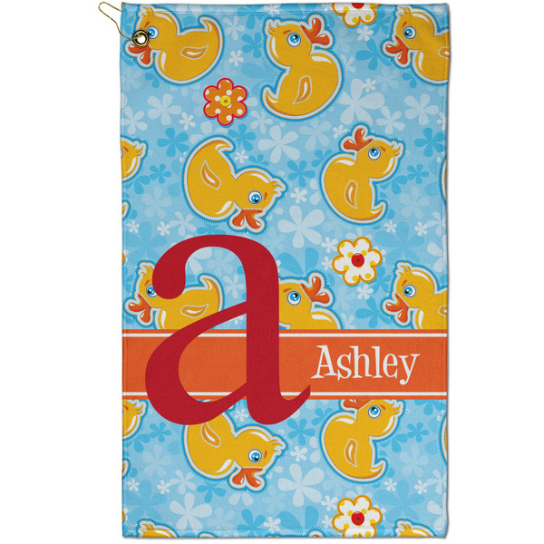 Custom Rubber Duckies & Flowers Golf Towel - Poly-Cotton Blend - Small w/ Name and Initial