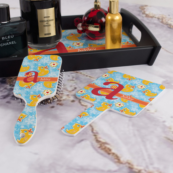 Rubber Duckies & Flowers Hair Brush and Hand Mirror - Bathroom Scene