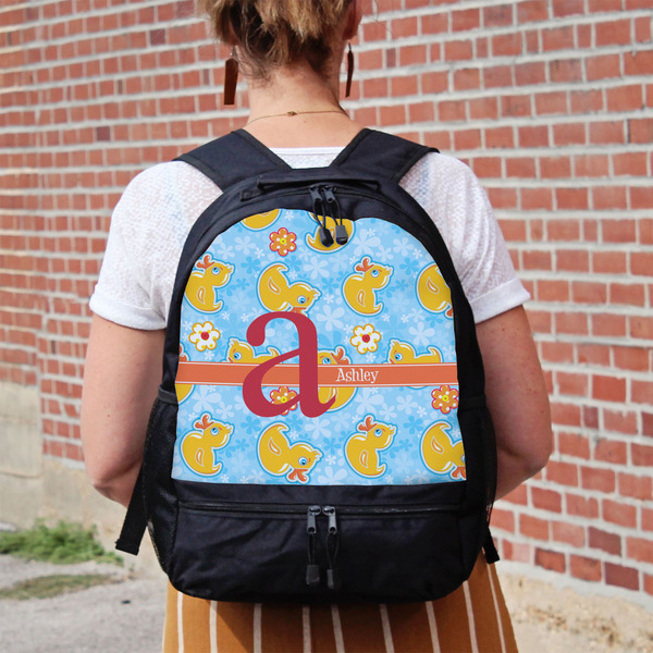 Rubber Duckies & Flowers Large Backpack - Black - On Back