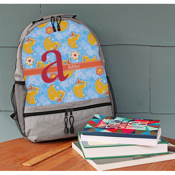 Rubber Duckies & Flowers Large Backpack - Gray - On Desk