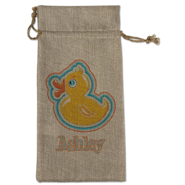 Custom Rubber Duckies & Flowers Large Burlap Gift Bag - Front (Personalized)