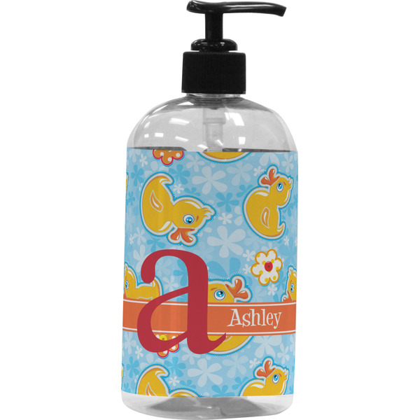 Custom Rubber Duckies & Flowers Plastic Soap / Lotion Dispenser (16 oz - Large - Black) (Personalized)