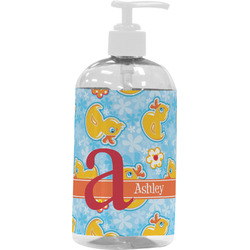 Rubber Duckies & Flowers Plastic Soap / Lotion Dispenser (16 oz - Large - White) (Personalized)