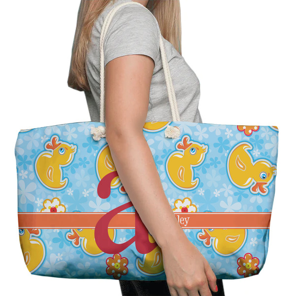 Rubber Duckies & Flowers Large Rope Tote Bag - In Context View