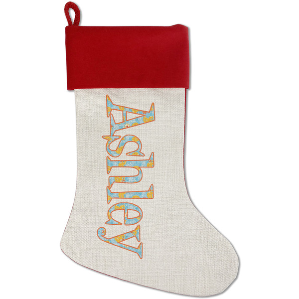 Custom Rubber Duckies & Flowers Red Linen Stocking (Personalized)