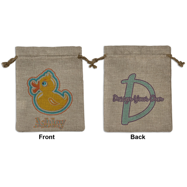 Custom Rubber Duckies & Flowers Medium Burlap Gift Bag - Front & Back (Personalized)