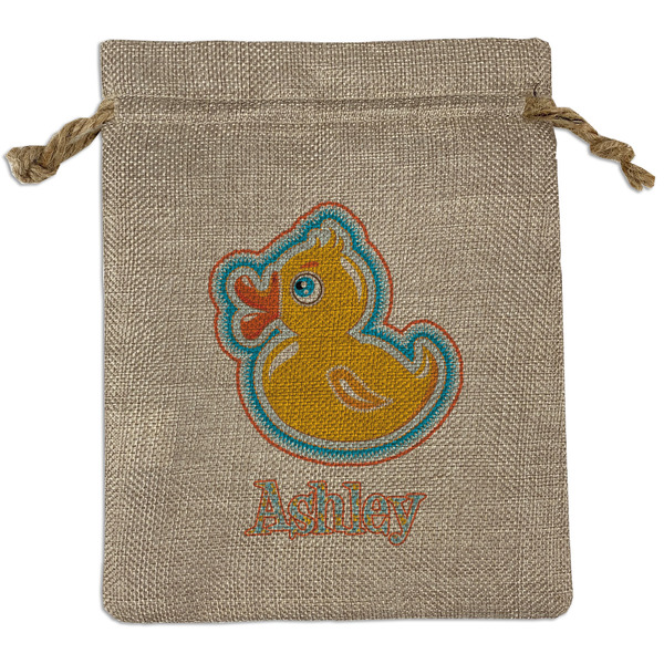 Custom Rubber Duckies & Flowers Medium Burlap Gift Bag - Front (Personalized)