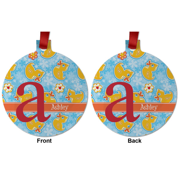 Rubber Duckies & Flowers Metal Ball Ornament - Front and Back