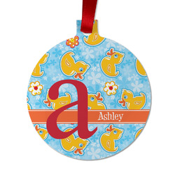 Rubber Duckies & Flowers Metal Ball Ornament - Double Sided w/ Name and Initial