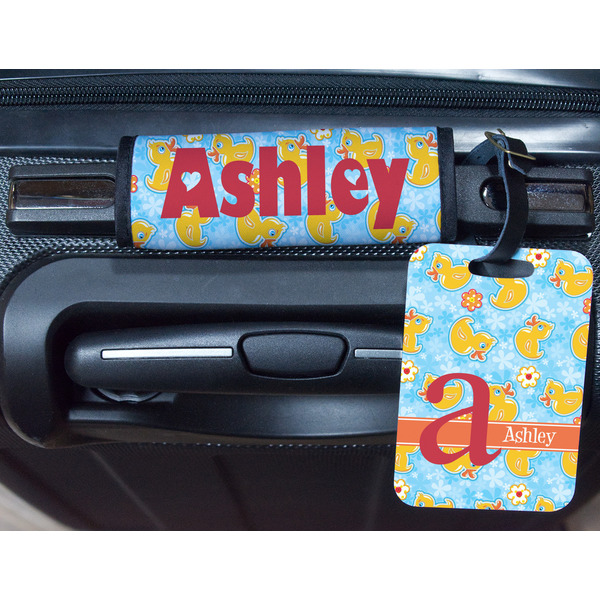 Rubber Duckies & Flowers Metal Luggage Tag & Handle Wrap - In Context