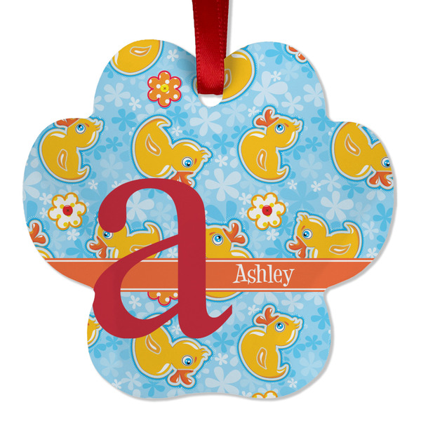 Custom Rubber Duckies & Flowers Metal Paw Ornament - Double Sided w/ Name and Initial
