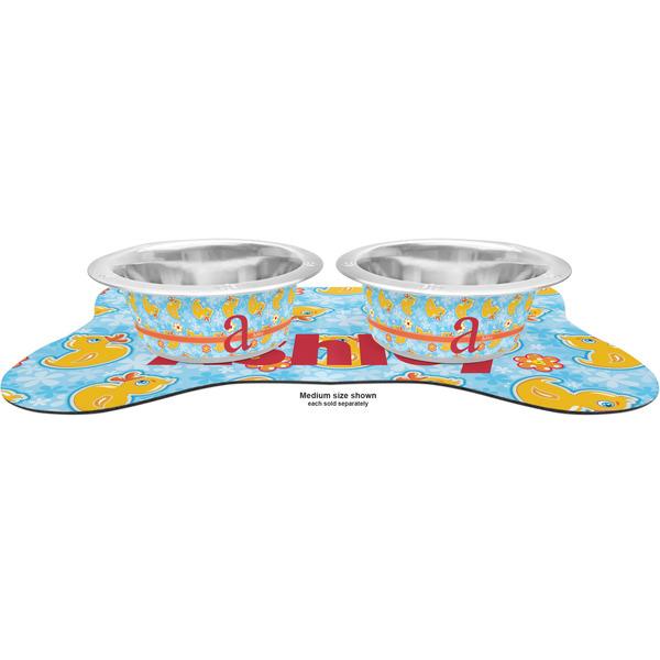 Rubber Duckies & Flowers Metal Pet Bowls - On Dog Bone Shaped Mat