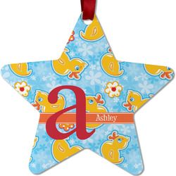 Rubber Duckies & Flowers Metal Star Ornament - Double Sided w/ Name and Initial