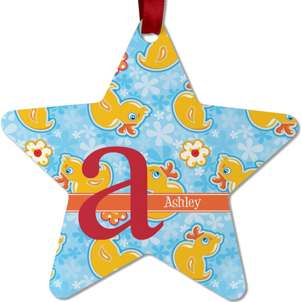 Custom Rubber Duckies & Flowers Metal Star Ornament - Double Sided w/ Name and Initial