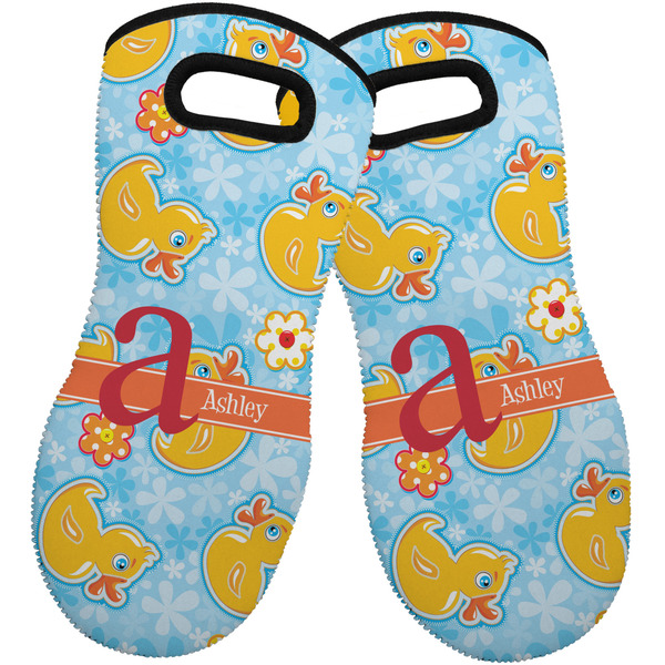 Custom Rubber Duckies & Flowers Neoprene Oven Mitts - Set of 2 w/ Name and Initial