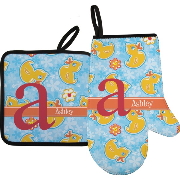Custom Rubber Duckies & Flowers Oven Mitt & Pot Holder Set w/ Name and Initial