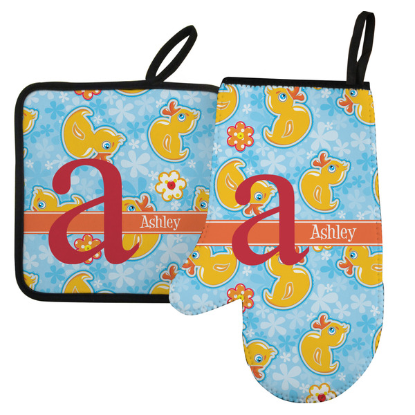 Custom Rubber Duckies & Flowers Left Oven Mitt & Pot Holder Set w/ Name and Initial