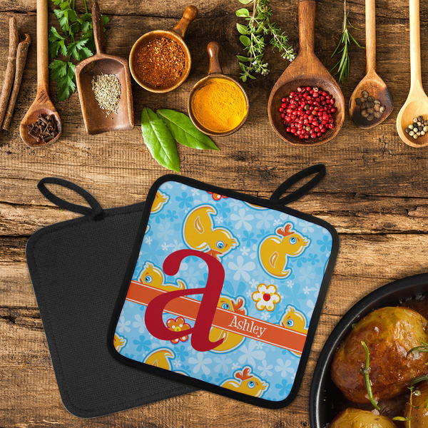 Rubber Duckies & Flowers Neoprene Pot Holder - Set of 2  LIFESTYLE (Flatlay)