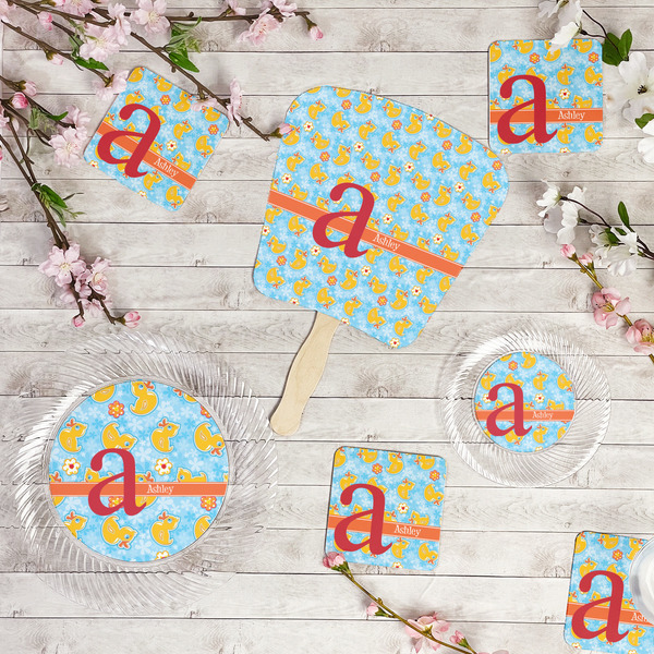 Rubber Duckies & Flowers Party Supplies Combination Image - All items - Plates, Coasters, Fans
