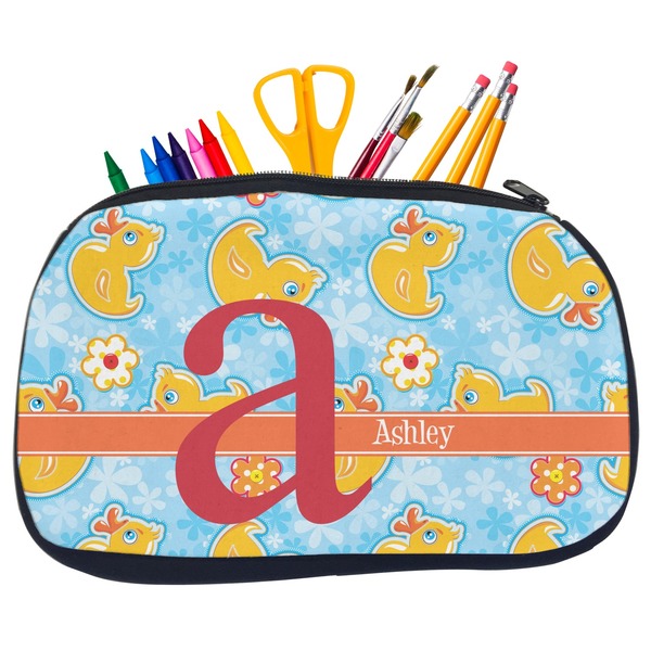Custom Rubber Duckies & Flowers Neoprene Pencil Case - Medium w/ Name and Initial