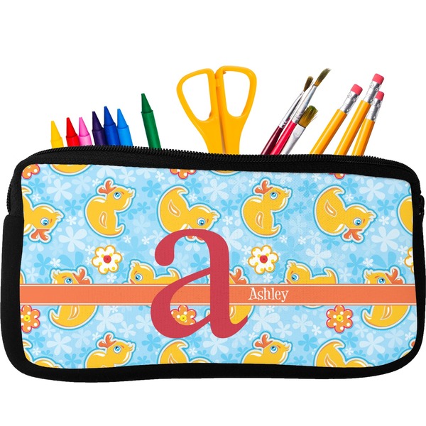 Custom Rubber Duckies & Flowers Neoprene Pencil Case - Small w/ Name and Initial