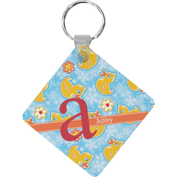 Custom Rubber Duckies & Flowers Diamond Plastic Keychain w/ Name and Initial