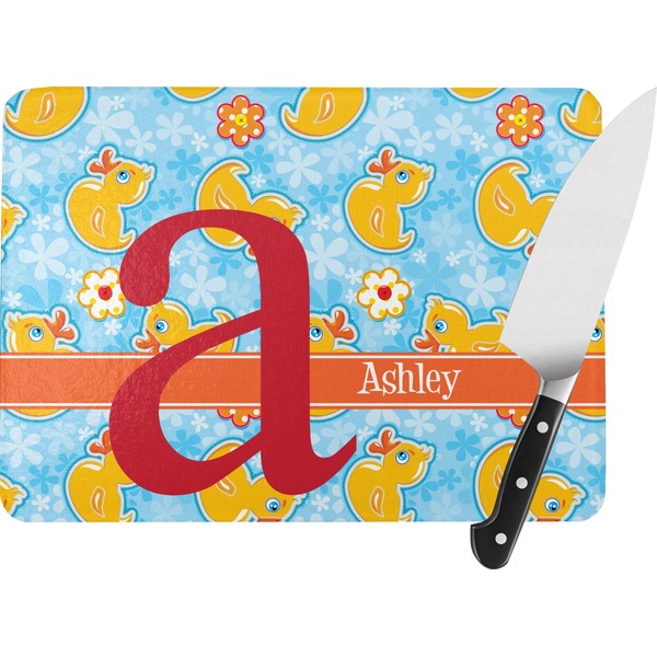 Custom Rubber Duckies & Flowers Rectangular Glass Cutting Board - Large - 15.25"x11.25" w/ Name and Initial