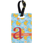 Rubber Duckies & Flowers Plastic Luggage Tag - Rectangular w/ Name and Initial
