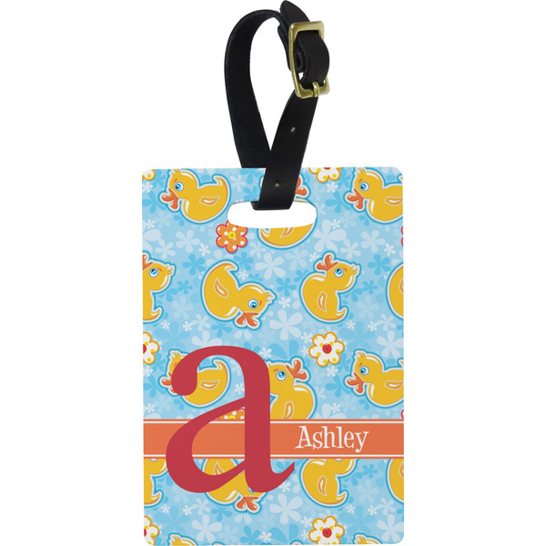 Custom Rubber Duckies & Flowers Plastic Luggage Tag - Rectangular w/ Name and Initial