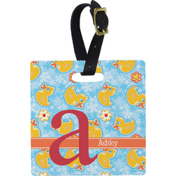 Rubber Duckies & Flowers Plastic Luggage Tag - Square w/ Name and Initial