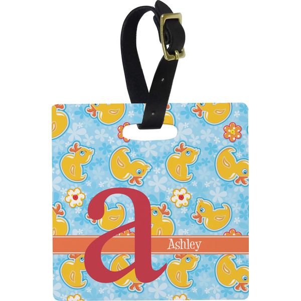 Custom Rubber Duckies & Flowers Plastic Luggage Tag - Square w/ Name and Initial