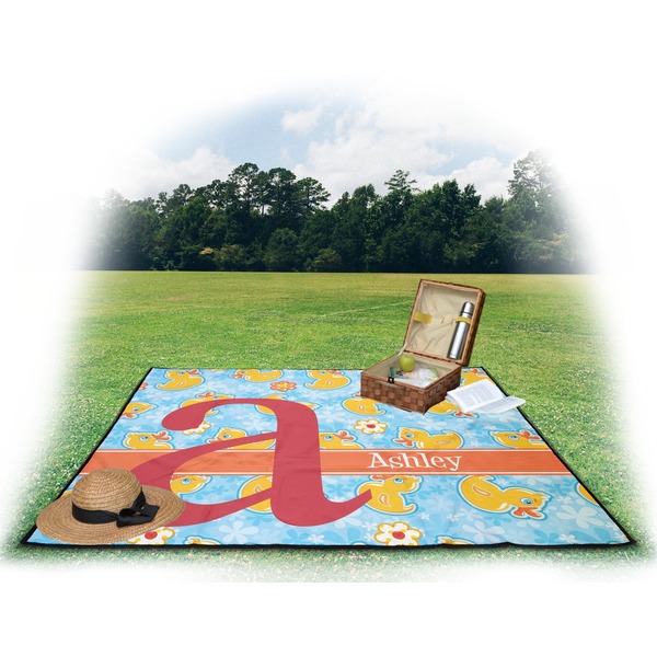 Rubber Duckies & Flowers Picnic Blanket - with Basket Hat and Book - in Use