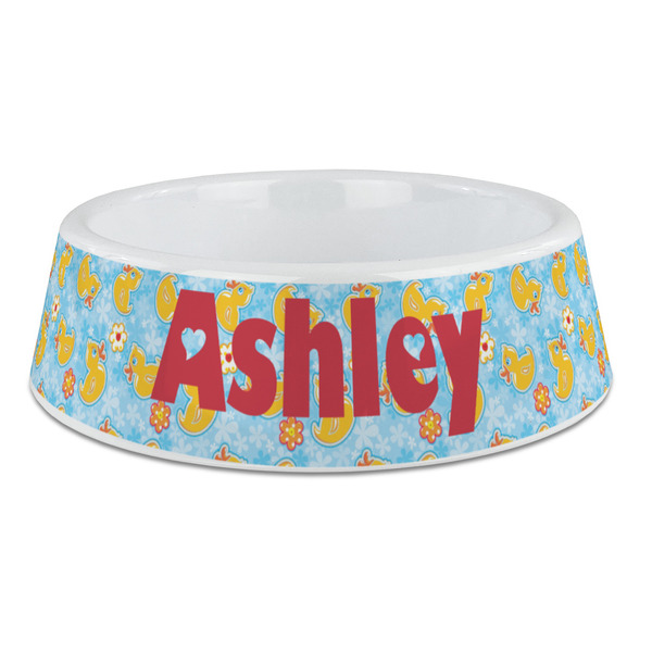 Custom Rubber Duckies & Flowers Plastic Dog Bowl - Large (Personalized)