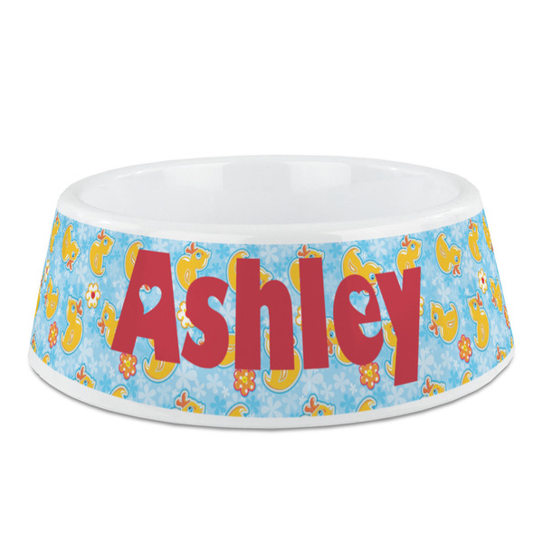 Custom Rubber Duckies & Flowers Plastic Dog Bowl - Medium (Personalized)