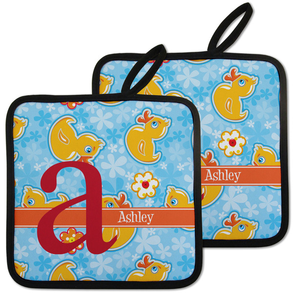 Custom Rubber Duckies & Flowers Pot Holders - Set of 2 w/ Name and Initial