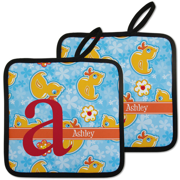 Custom Rubber Duckies & Flowers Pot Holders - Set of 2 w/ Name and Initial
