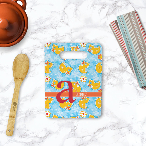 Rubber Duckies & Flowers Rectangle Trivet with Handle - LIFESTYLE