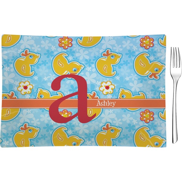 Custom Rubber Duckies & Flowers Glass Rectangular Appetizer / Dessert Plate (Personalized)