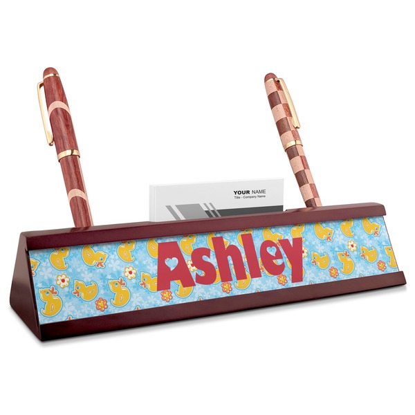 Custom Rubber Duckies & Flowers Red Mahogany Nameplate with Business Card Holder (Personalized)